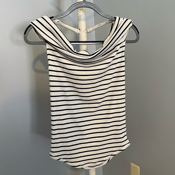 Free People We the Free Melbourne off the shoulder shirt, blue and cream, large - Picture 4 of 4